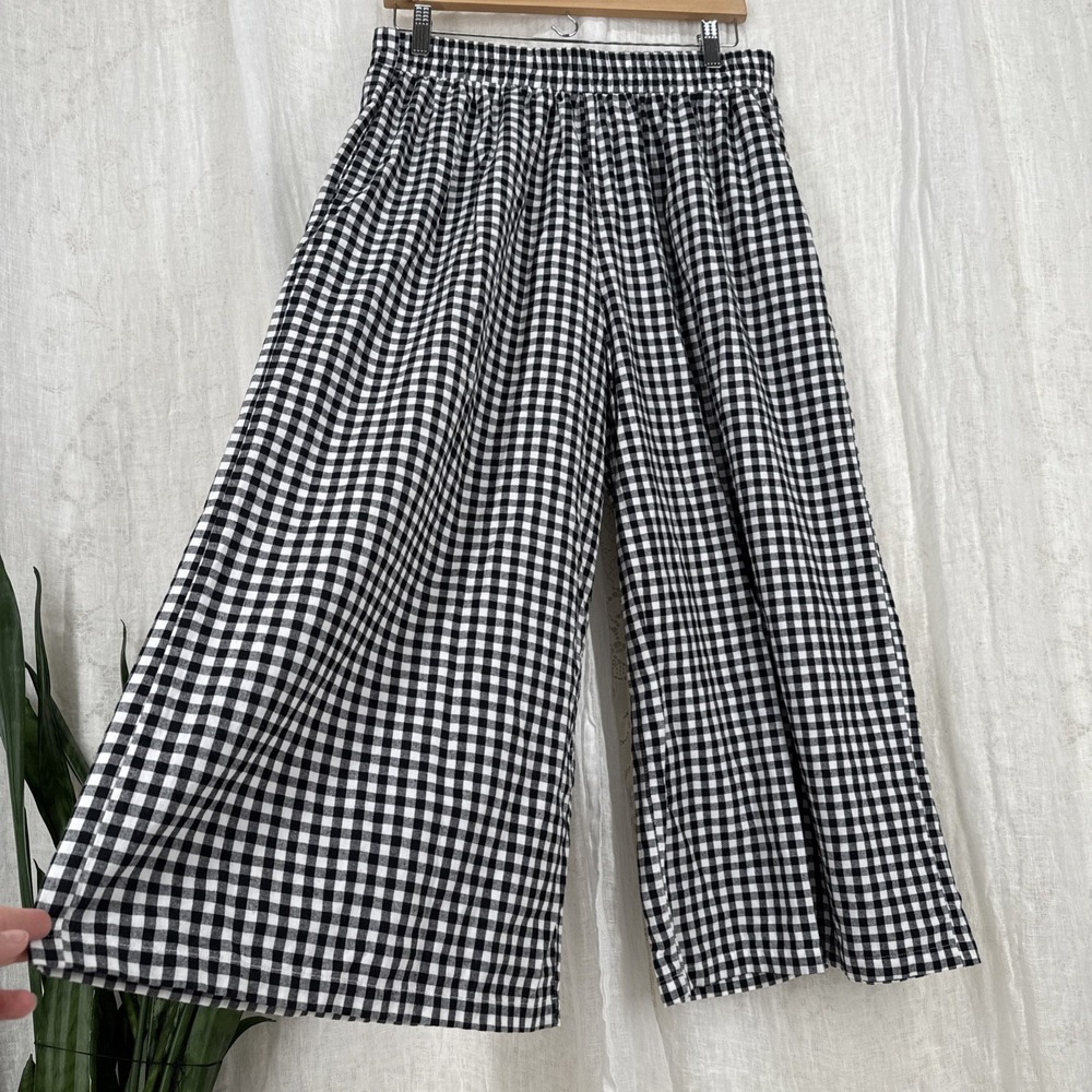 Gingham Wide Leg Cropped Pants L Boho Chic Cottage Culotte Gaucho Pockets Cotton